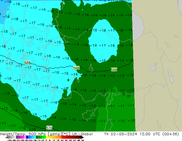 Height/Temp. 500 hPa UK-Global Čt 02.05.2024 12 UTC