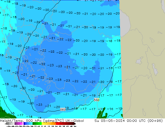 Height/Temp. 500 hPa UK-Global nie. 05.05.2024 00 UTC
