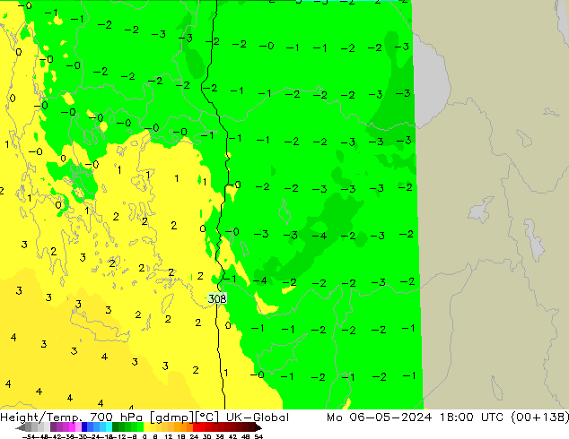 Height/Temp. 700 hPa UK-Global  06.05.2024 18 UTC