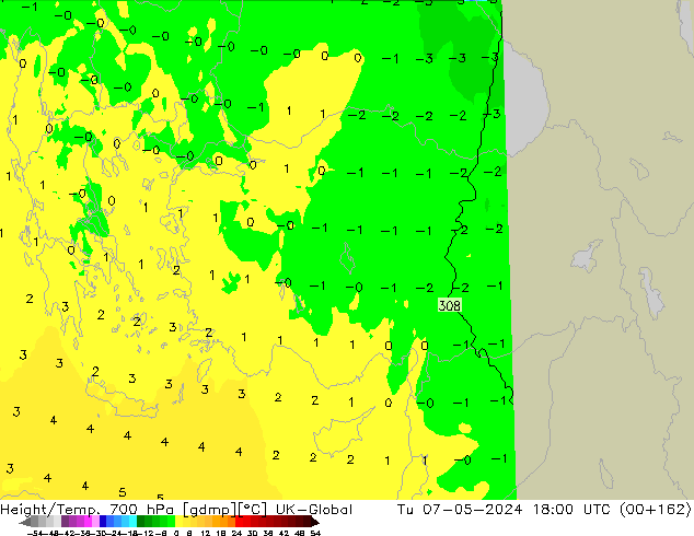 Height/Temp. 700 hPa UK-Global Tu 07.05.2024 18 UTC