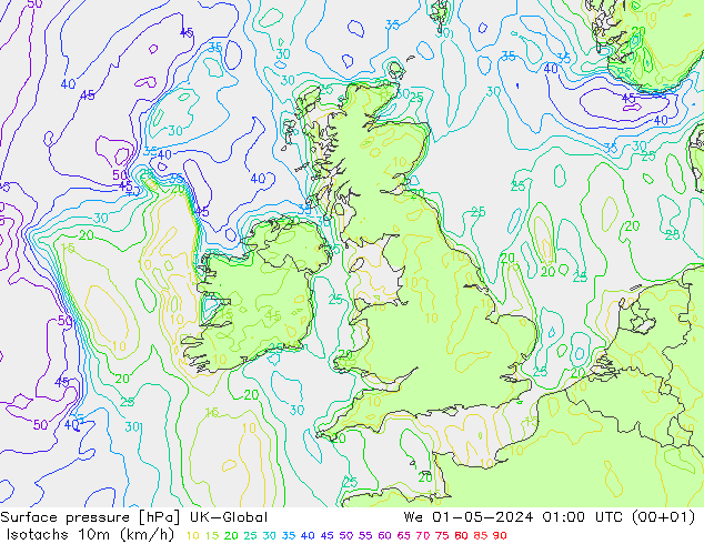 Izotacha (km/godz) UK-Global śro. 01.05.2024 01 UTC