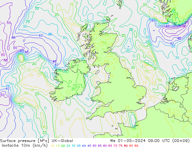 Isotachs (kph) UK-Global Qua 01.05.2024 09 UTC