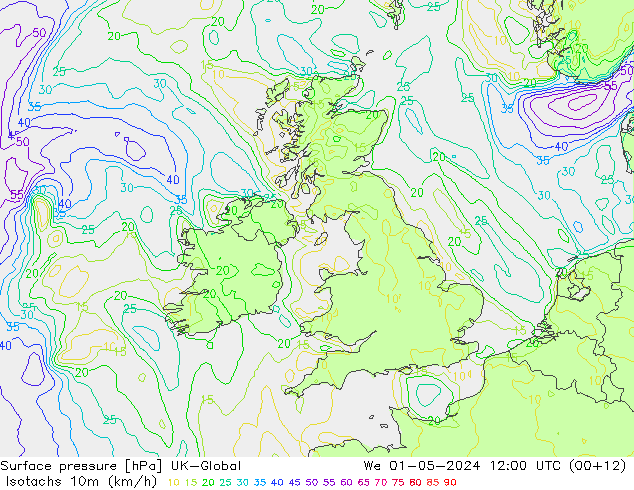 Isotachs (kph) UK-Global  01.05.2024 12 UTC