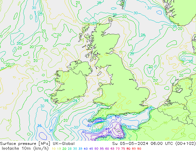 Isotachs (kph) UK-Global Su 05.05.2024 06 UTC