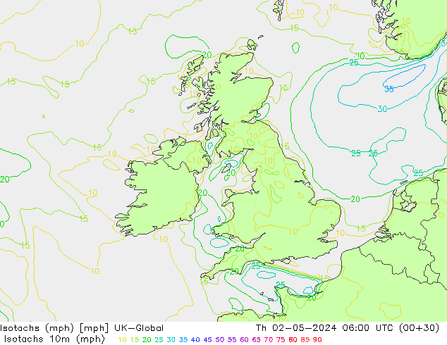 Isotachs (mph) UK-Global gio 02.05.2024 06 UTC