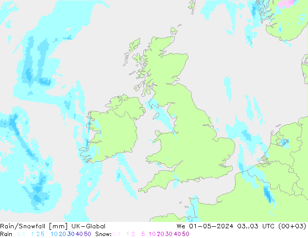 Rain/Snowfall UK-Global mer 01.05.2024 03 UTC