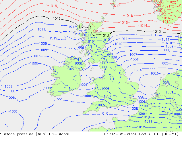 Pressione al suolo UK-Global ven 03.05.2024 03 UTC