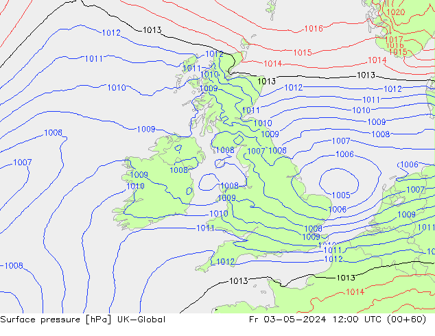 Pressione al suolo UK-Global ven 03.05.2024 12 UTC