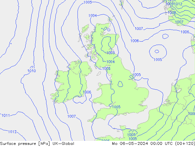 Surface pressure UK-Global Mo 06.05.2024 00 UTC