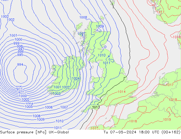 Surface pressure UK-Global Tu 07.05.2024 18 UTC