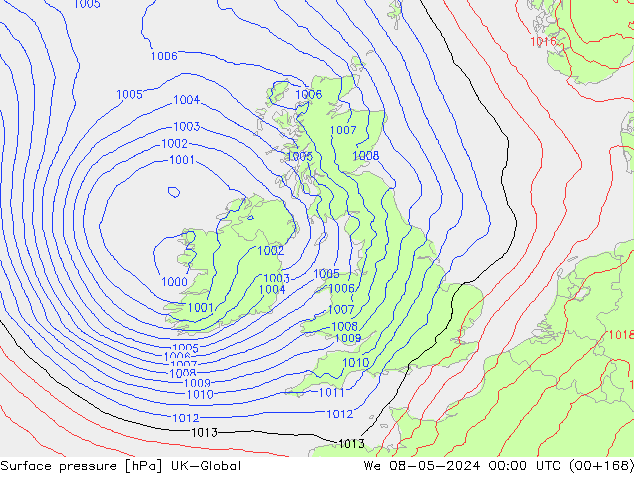 Pressione al suolo UK-Global mer 08.05.2024 00 UTC