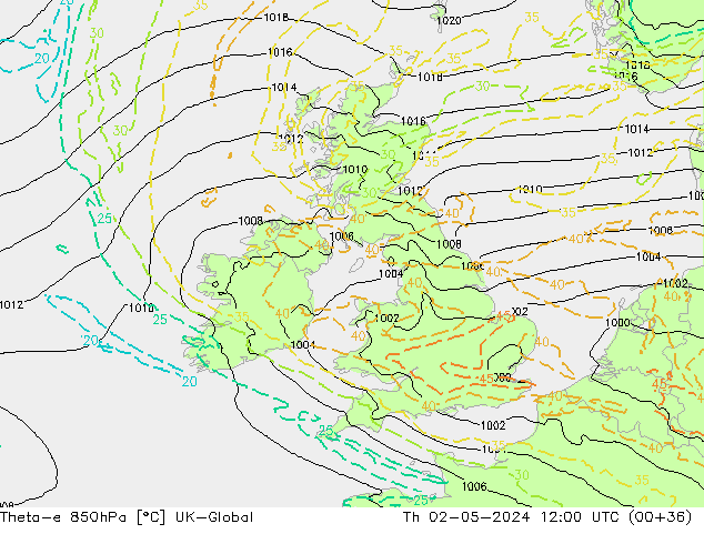 Theta-e 850hPa UK-Global Qui 02.05.2024 12 UTC