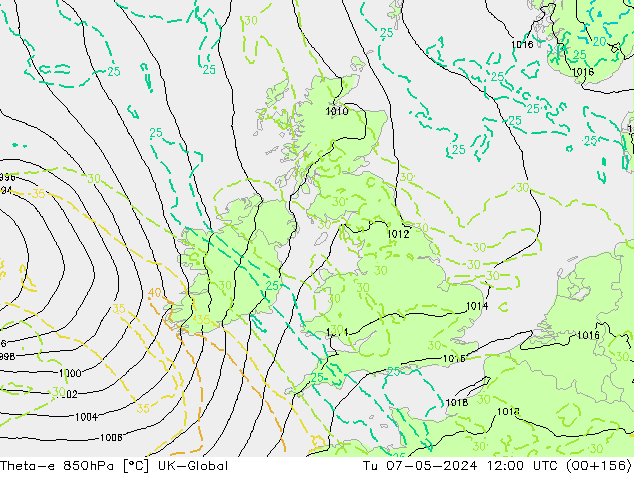 Theta-e 850hPa UK-Global Tu 07.05.2024 12 UTC