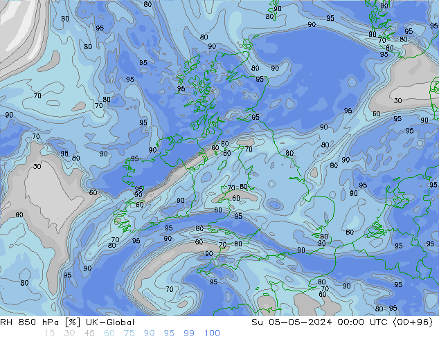 RH 850 hPa UK-Global Su 05.05.2024 00 UTC