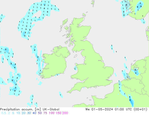 Totale neerslag UK-Global wo 01.05.2024 01 UTC