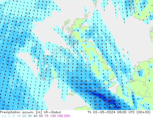 Precipitation accum. UK-Global Th 02.05.2024 06 UTC