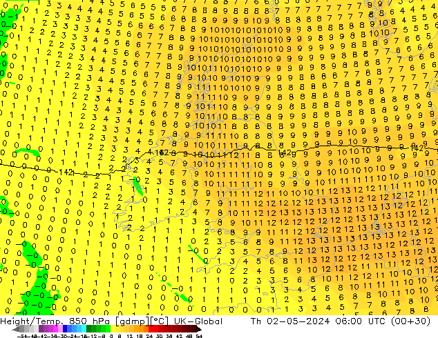 Hoogte/Temp. 850 hPa UK-Global do 02.05.2024 06 UTC