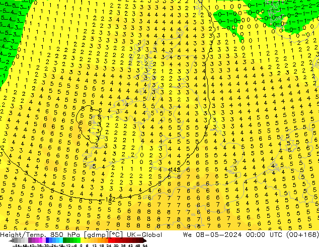 Yükseklik/Sıc. 850 hPa UK-Global Çar 08.05.2024 00 UTC