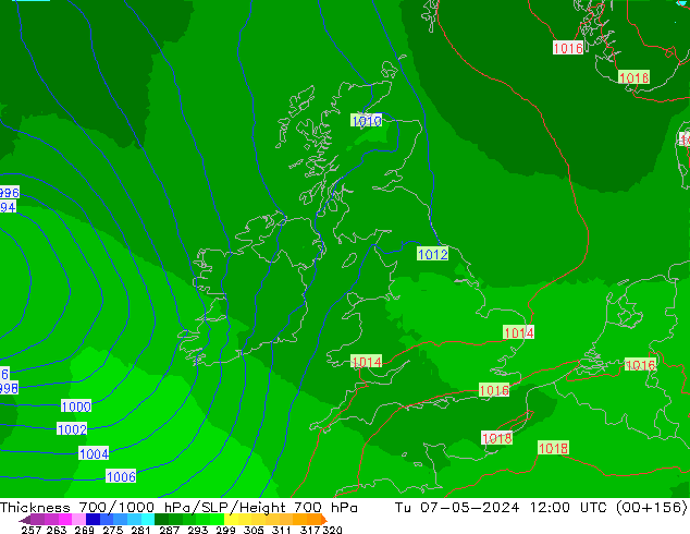 Thck 700-1000 гПа UK-Global вт 07.05.2024 12 UTC