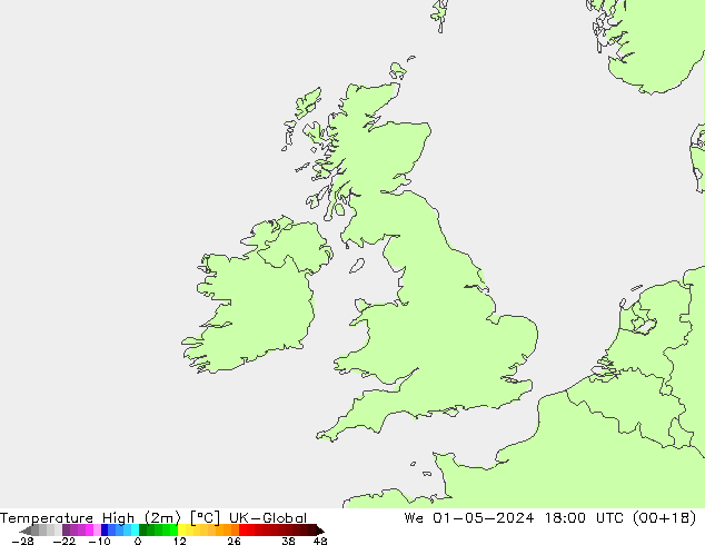 Temperatura máx. (2m) UK-Global mié 01.05.2024 18 UTC