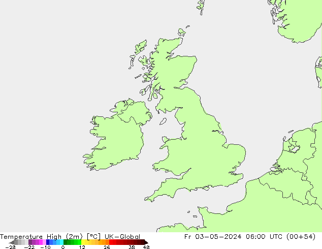 Max.temperatuur (2m) UK-Global vr 03.05.2024 06 UTC