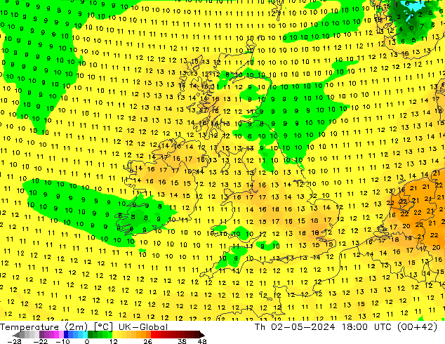 Temperature (2m) UK-Global Th 02.05.2024 18 UTC