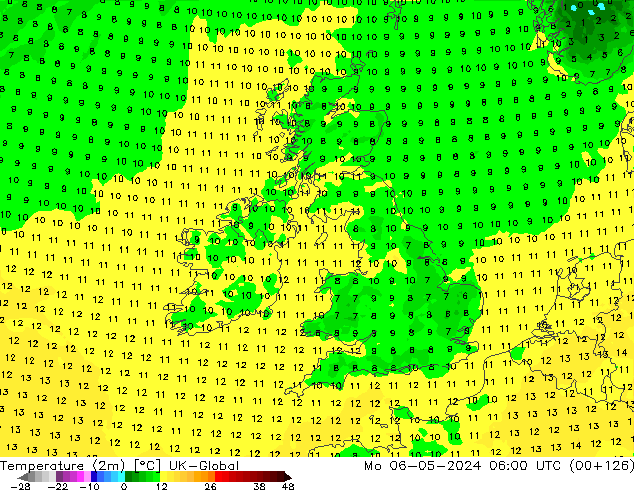 Temperatura (2m) UK-Global Seg 06.05.2024 06 UTC