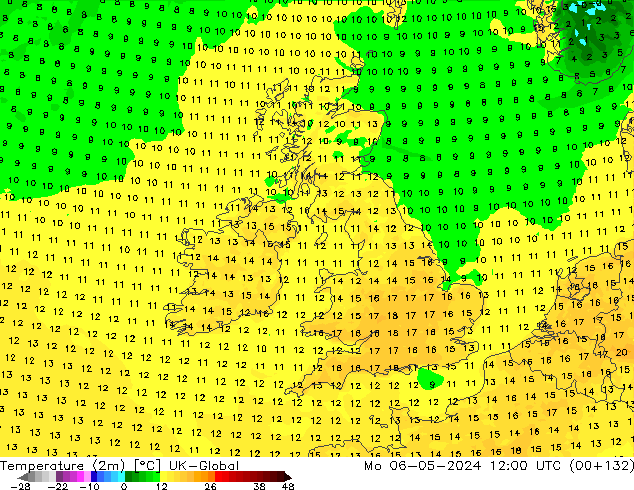 Temperatuurkaart (2m) UK-Global ma 06.05.2024 12 UTC