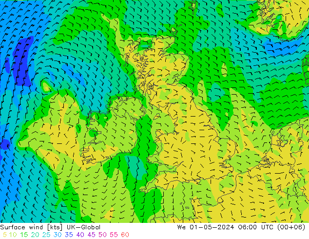 Surface wind UK-Global We 01.05.2024 06 UTC