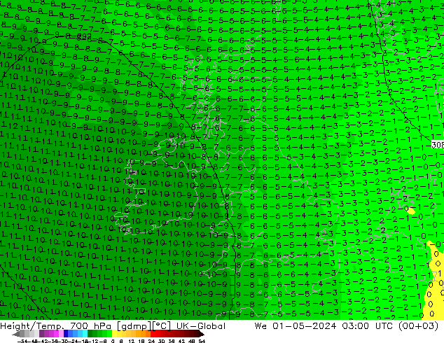 Height/Temp. 700 гПа UK-Global ср 01.05.2024 03 UTC