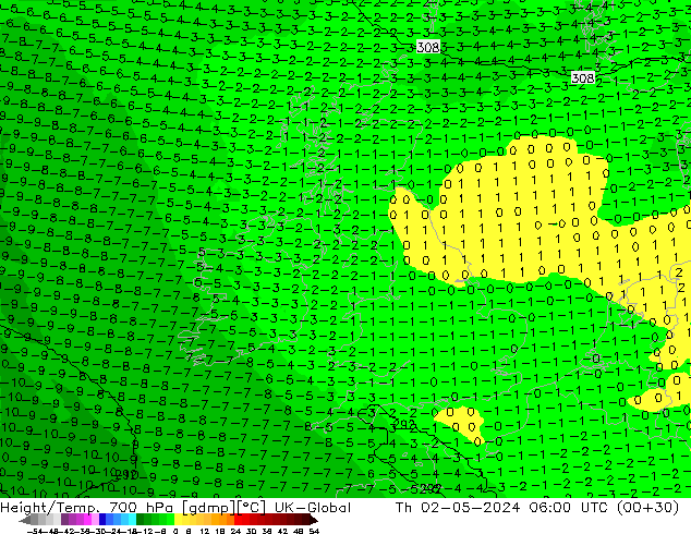 Height/Temp. 700 hPa UK-Global gio 02.05.2024 06 UTC