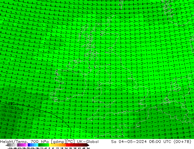 Hoogte/Temp. 700 hPa UK-Global za 04.05.2024 06 UTC