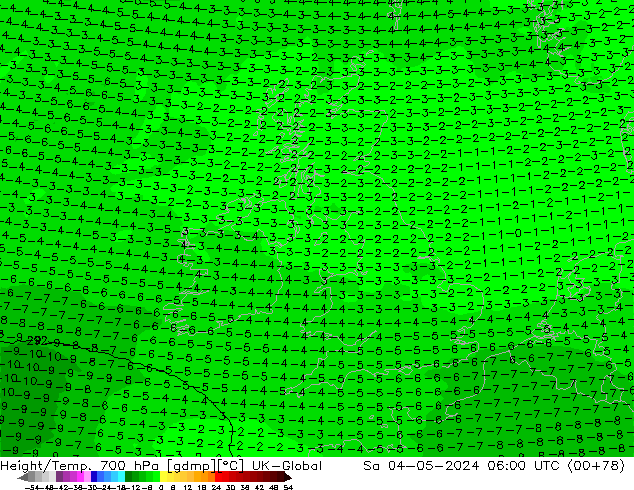 Height/Temp. 700 hPa UK-Global  04.05.2024 06 UTC