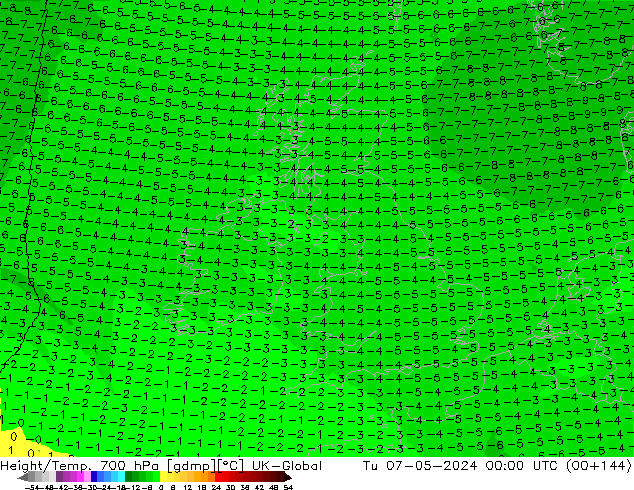 Height/Temp. 700 hPa UK-Global Tu 07.05.2024 00 UTC