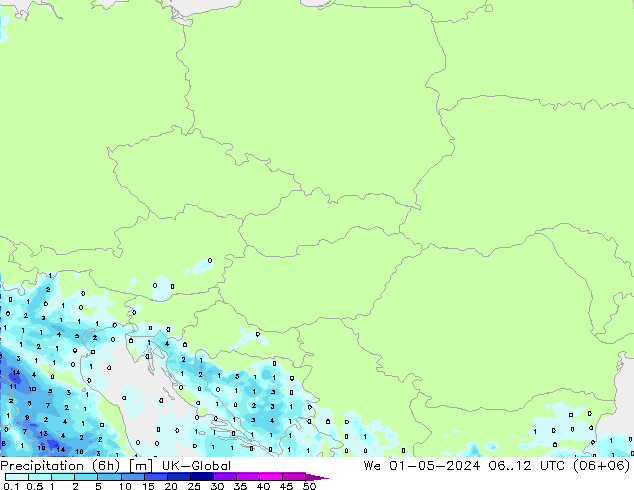 Precipitation (6h) UK-Global St 01.05.2024 12 UTC