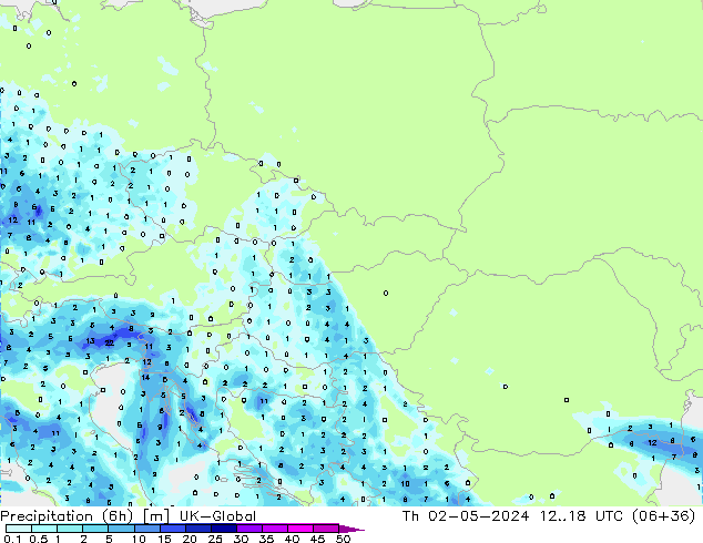 Precipitazione (6h) UK-Global gio 02.05.2024 18 UTC