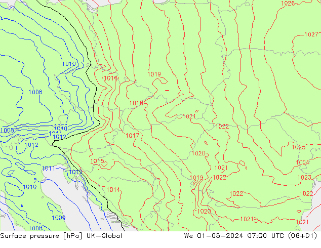 Pressione al suolo UK-Global mer 01.05.2024 07 UTC