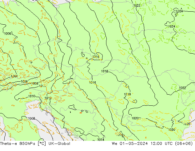 Theta-e 850hPa UK-Global St 01.05.2024 12 UTC