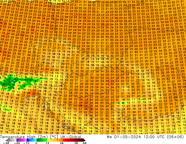 Nejvyšší teplota (2m) UK-Global St 01.05.2024 12 UTC