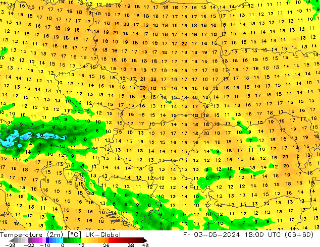 Temperature (2m) UK-Global Fr 03.05.2024 18 UTC