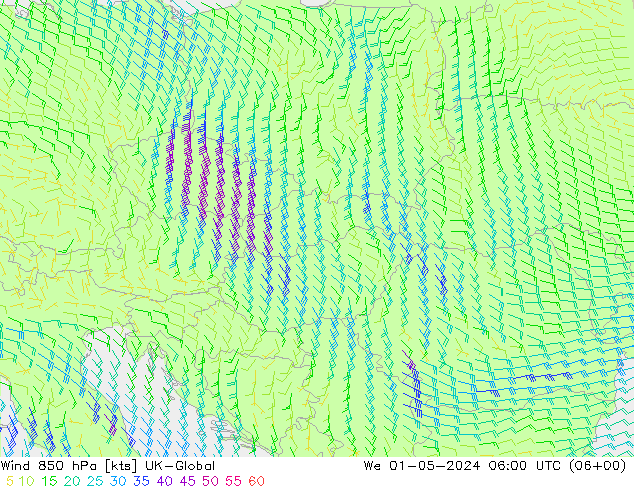 Vento 850 hPa UK-Global Qua 01.05.2024 06 UTC