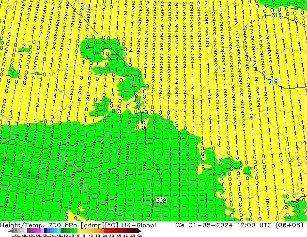 Height/Temp. 700 hPa UK-Global mer 01.05.2024 12 UTC