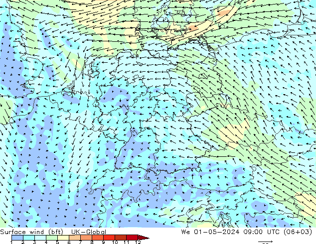 Surface wind (bft) UK-Global St 01.05.2024 09 UTC