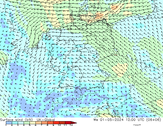 Surface wind (bft) UK-Global We 01.05.2024 12 UTC