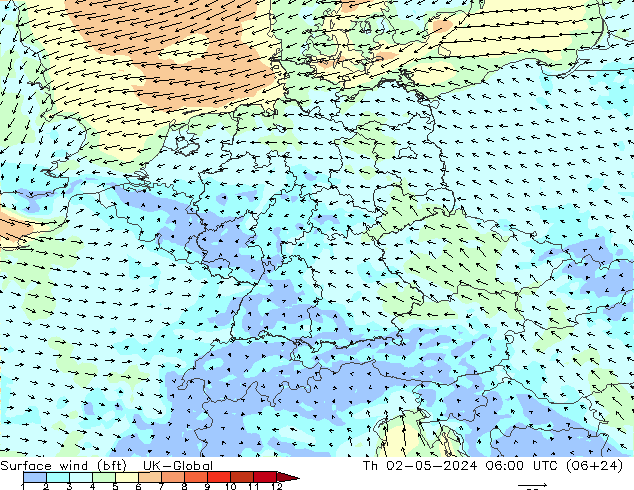 Surface wind (bft) UK-Global Th 02.05.2024 06 UTC