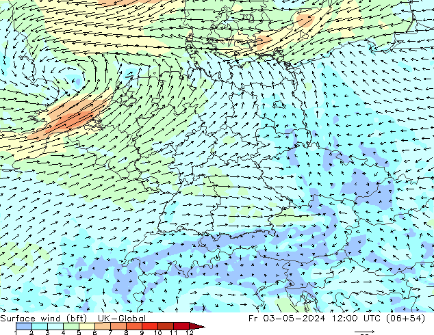 Surface wind (bft) UK-Global Fr 03.05.2024 12 UTC