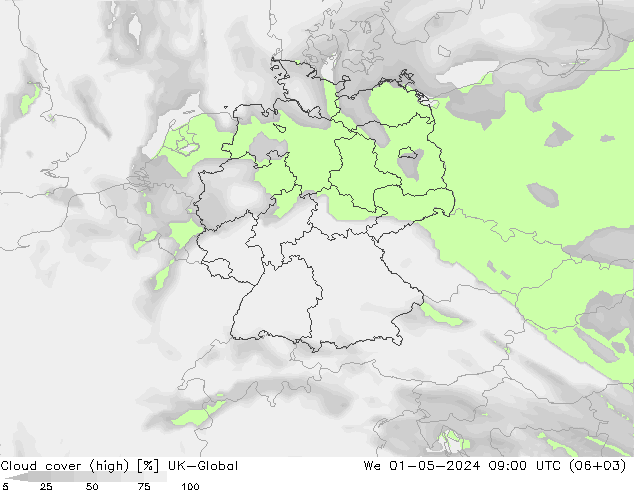 Cloud cover (high) UK-Global We 01.05.2024 09 UTC