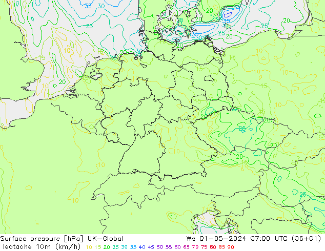 Isotachs (kph) UK-Global  01.05.2024 07 UTC