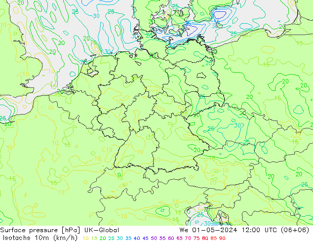 Isotaca (kph) UK-Global mié 01.05.2024 12 UTC