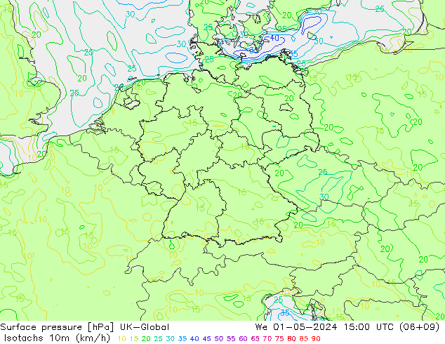 Isotachs (kph) UK-Global We 01.05.2024 15 UTC